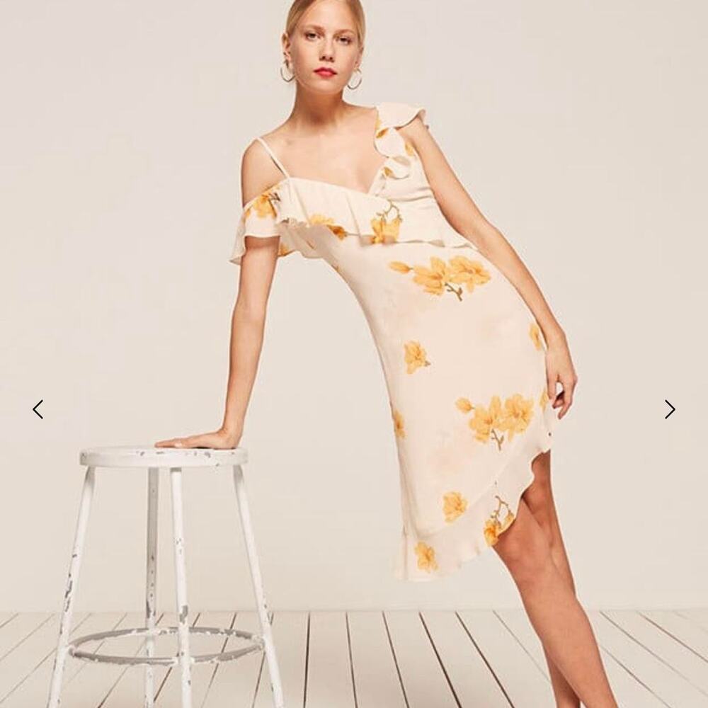 Reformation Adora Dress Womens 2 White Yellow Floral Asymmetrical Mini